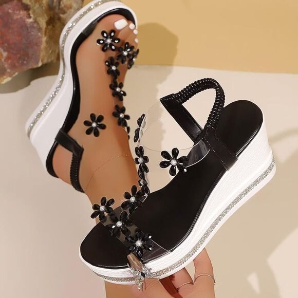 Macy's Black Floral Wedge Sandals - Picture 5 of 11